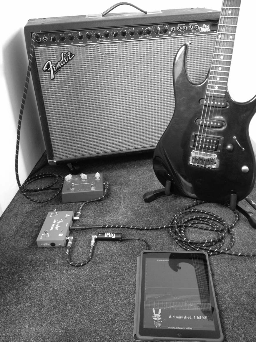 Playing Guitar Rabbit with an Ibanez electric guitar through the original iRig on an iPad and a Fender ABY splitter pedal routing to a Vox Satchurator and a Fender Ultra Chorus
