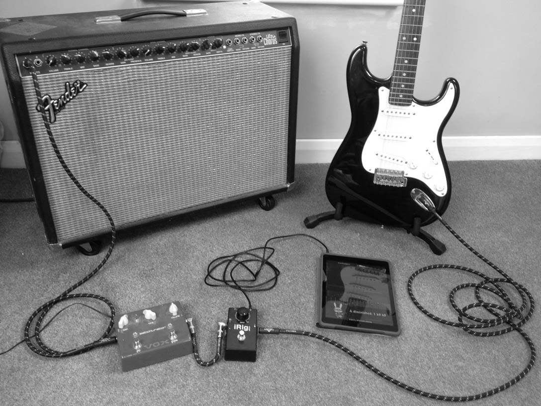 Playing Guitar Rabbit with a Fender electric guitar through iRig Stomp on an iPad and a Vox Satchurator and a Fender Ultra Chorus