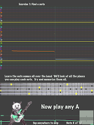 Screenshot of learn the note names on the fretboard in Bass Panda on the iPad